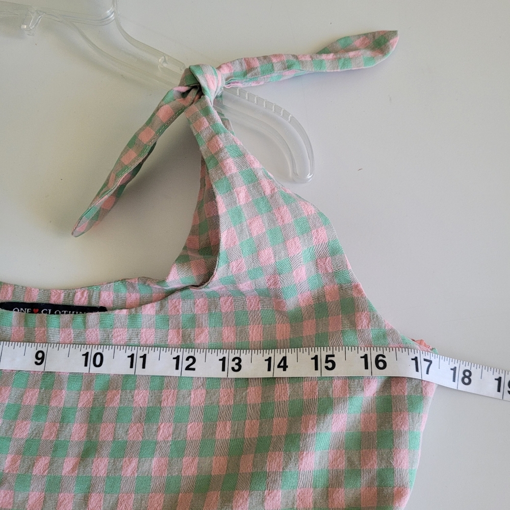 one clothing Pink and Green Gingham Tie-Shoulder Romper - Picture 9 of 14